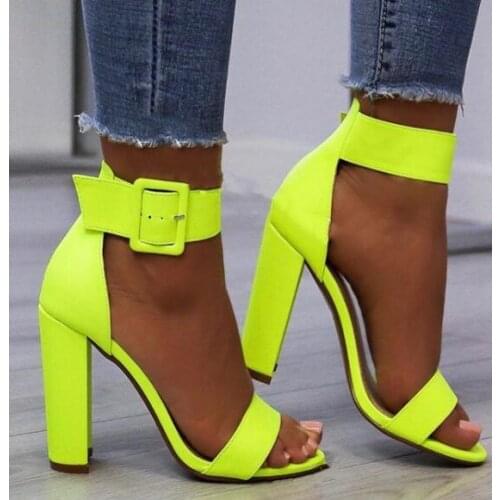 Moraima Snc Bright Green Leather High Heel Shoes Summer Sexy Open Toe Ankle Strap Sandals Woman Thick Heels Dress Shoes