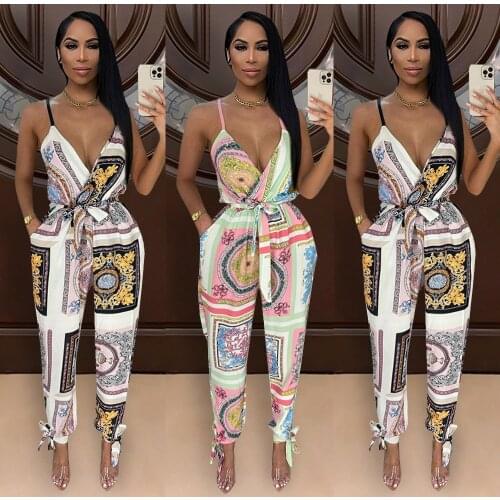 Echoine Strap Patchwork V-neck Jumpsuit Women Sexy Party Rompers with Pockets Belt Vintage Overalls Summer Streetwear Playsuit