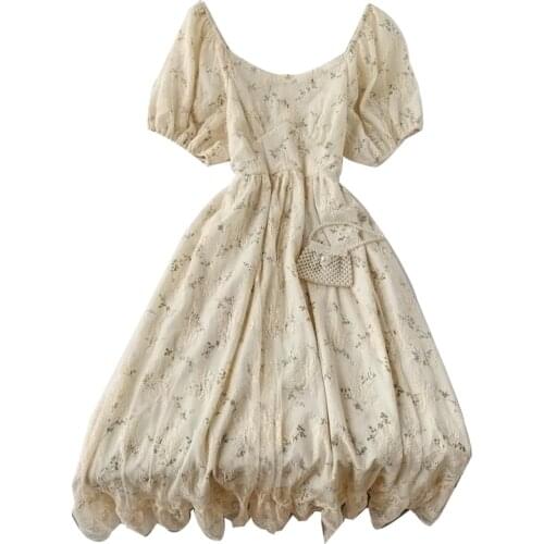 2021 New fashion womens dresses French elegance vintage lace high waist slimming floral dress