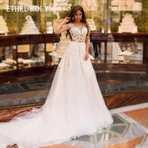 ETHEL ROLYN A-Line Wedding Dress 2021 Delicate Beading Lace Appliques Bride Illusion Long Sleeve Button Princess Bridal Gown