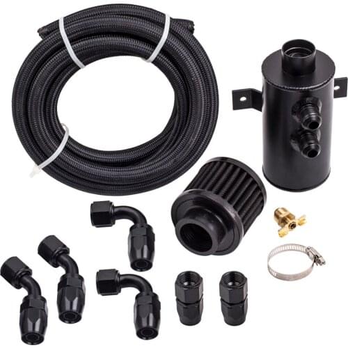 0.75L Twin Port Baffled Engine Oil Catch Can with Filter & AN10 Hose fitting kit