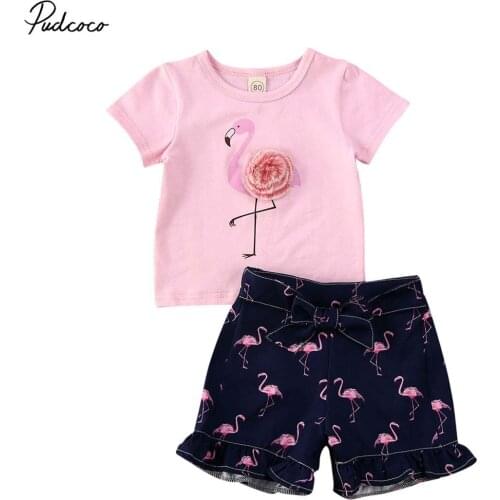 2020 Summer New Kids Baby Girl Clothes Sets 0-4Y 3D Flamingo Shot Sleeve Top T-shirt+Ruffle Shorts Pants Cute Outfits 2pcs