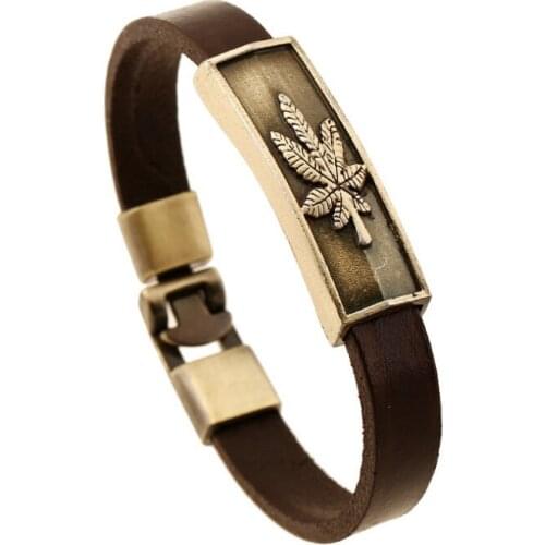 Vintage Retro Fashion Genuine Leather Wristbands Cuff Bracelet Metal Maple Leaf Charms Brown Bangle Wrap Women Men Punk Jewelry