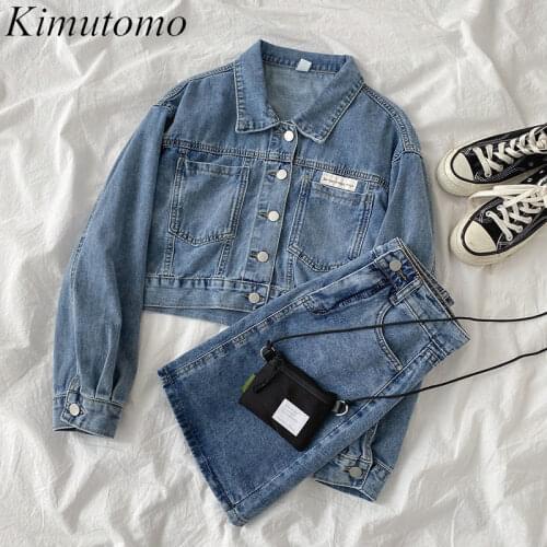Kimutomo Preppy Style Jeans Suit 2021 Spring New Korean Short Long-sleeved Single Breasted Top + High Waist A-line Mini Skirt