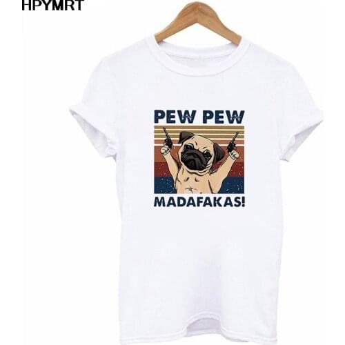Dog Pew Pew Madafakas Print Tshirt Funny Cat Gangster With Gun Meme Womens T-Shirt 2020 Summer Short Sleeves T Shirt Woman Tops