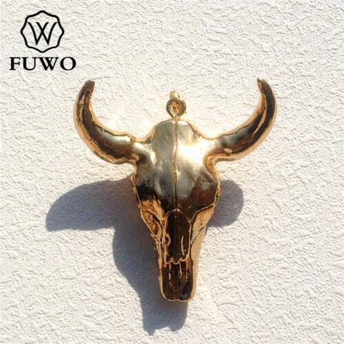 FUWO Large Buffalo Skull Pendant 24K Gold Electroplate High Quality Tombstone Charm Vintage Western Jewelry Wholesale PD057