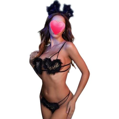 Sexy 2Pcs Women Lingerie Set Fleece Heart-Shaped Leopard Print Spaghetti Strap Bra Strappy Briefs Underwear for Girls