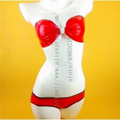 100% handmade womens lingerie set includes red latex bras & latex underwears with black trims decorations