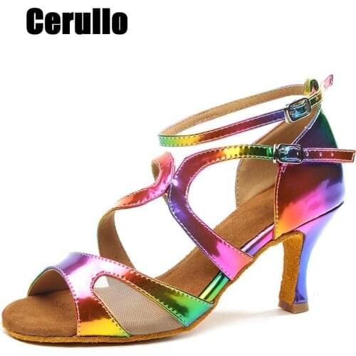 Colorful PU Latin Dancing Shoes for Girls Heel 7.5cm Ballroom Dance Shoes for Adult Ladies Suitable for Tango,Chacha A203