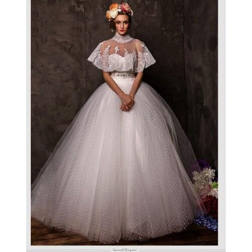 2016 lace Wedding Dress with high neck jacket ball gown crystal sashes appliques brides dresses new Fashion vestido de noiva