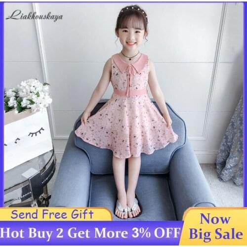 2020 Summer Girls Dresses Girl Fashion Elegant Princess Dress Sleeveless Flower Print Floral Skirt Sweet Cute Bow Lapel Dress