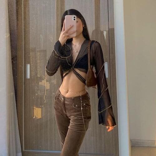 Summer Girls Mesh Midriff-baring Tops Ladies Solid Color Sexy V-neck Perspective Tie Up Stringy Selvedge Long Sleeve T-shirt
