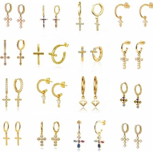 Minimalist 925 Sterling Silver Ear Buckle hoop Earrings For Women Gold/Silver Cross Earrings Earrings with Cross charm Tiny hoop