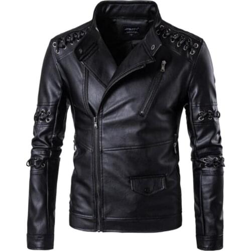Mens leather jacket slim motorcycle coat braided rope stand jackets clothes personalized jaqueta de couro stage street fashion