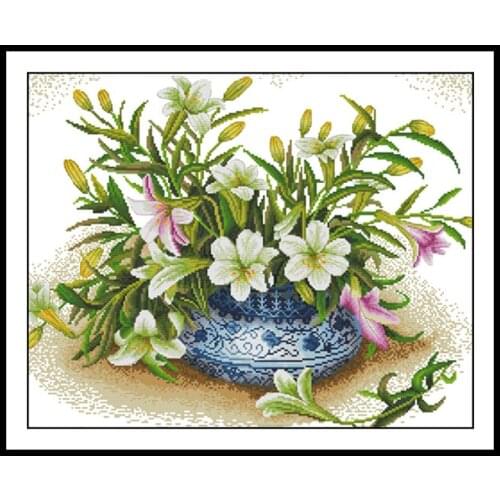 Fragrant Lilies Patterns Stamped Cross Stitch Kits DIY Handmade Needlework 14CT 11CT Cotton Fabric Cross Embroidery Kits Crafts