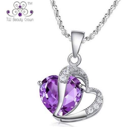 Wholesale Necklace Real 925 Pure Sterling Silver Micro Inlays Cubic Zirconia Purple Heart Necklaces & Pendants Fashion Jewelry