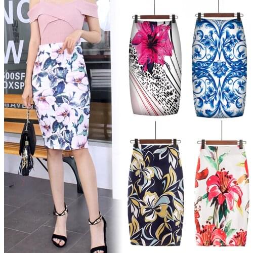 Digital Printed Pencil Skirt For Women Faldas Mujer Moda 2020 Floral Pencil Summer Midi Skirt Womens Skirts Female Falda Mujer