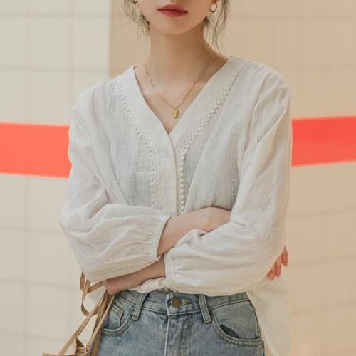V-Neck Hook Flower Blouse Shirt Women Top Long Sleeve White 2021 Spring Autumn Tops Button Office Woman Clothes Chemisier Femme