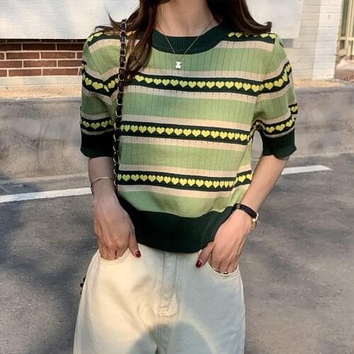 Avocado Green Short Sleeve Thin Knitted T-shirt Womens Spring Summer 2021 Korean Loose And Versatile Short Top
