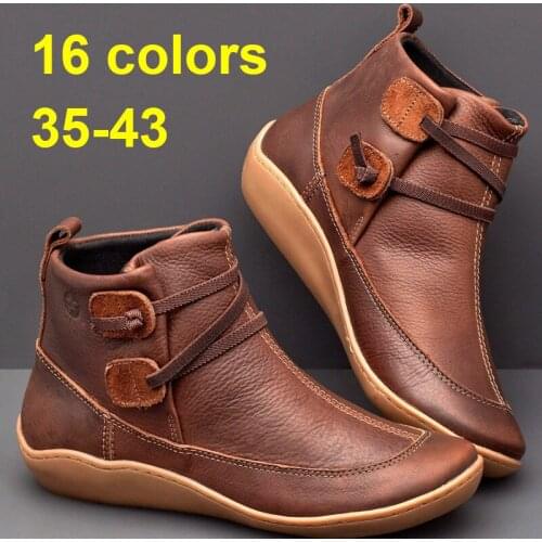 Womens PU Leather Ankle Boots Women Autumn Winter Cross Strappy Vintage Women Punk Boots Flat Ladies Shoes Woman Botas Mujer 43