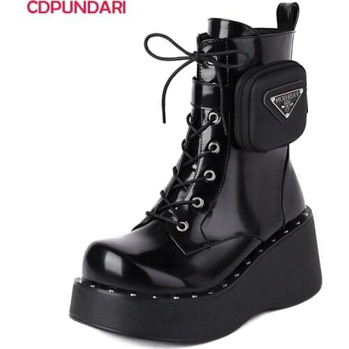 Women Wedges Ankle Boots Autumn Winter Chunky Platforms Boots Motorcycle Punk Gothic Shoes Black Ladies Bottes Plateforme Femme