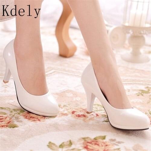 New Women Pumps Shoes Women PU Leather Shallow Slip-On Round Toe High heels Shoes Wedding Party derss shoes mujer size 34-42