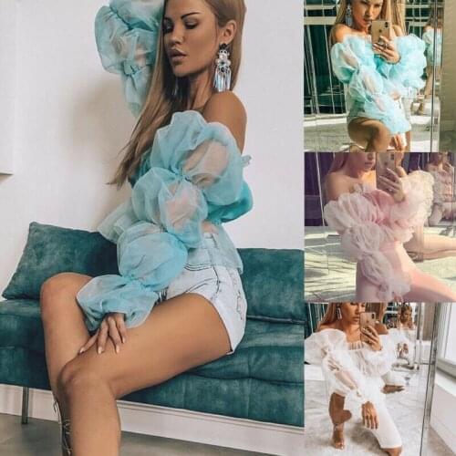 Women Blouse Puff Sleeve Sexy Mesh Sheer Crop Top Shirt Long Sleeve Transparent Short Blouse Tops Sweet Girl