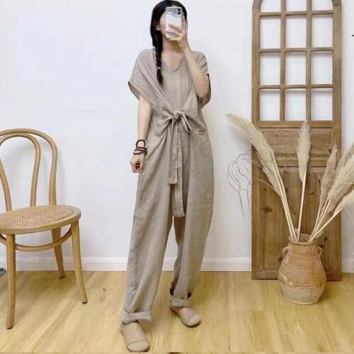 Johnature 2021 New Vintage Linen Jumpsuits Women Summer Casual V-neck Loose Tie Pockets Full Length Bodysuits