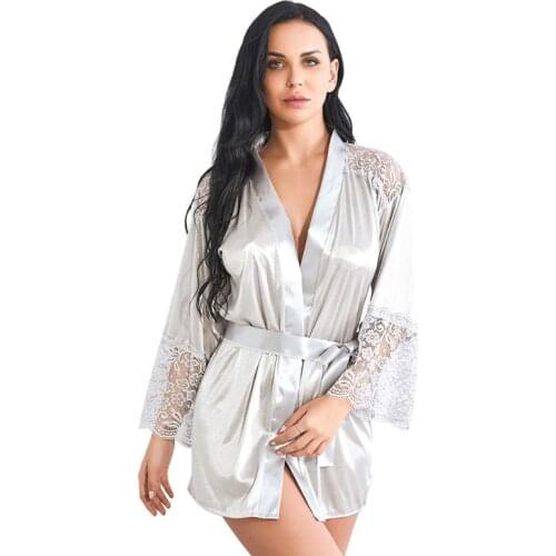 Women Imitation Silk Long Sleeve Kimono Bath Robe Sheer Floral Lace Splicing Shoulder Cuff Nightgown Belted Waist Mini