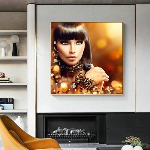 Golden Background Makeup Beauty Girl Oil Painting on Canvas Posters and Prints Scandinavian Wall Art Picture for living room