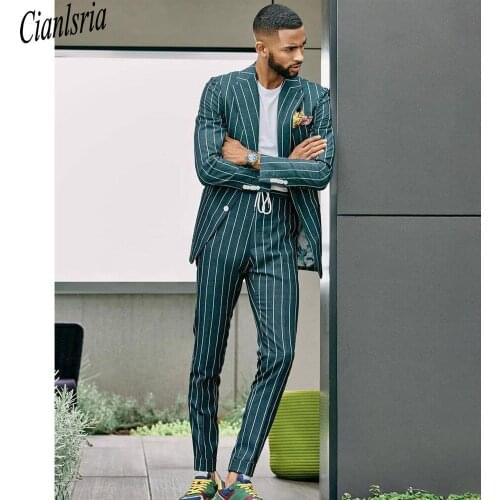 Green Pinstripe Celebrity Mens Customized Wedding Tuxedos Red Carpet Men Wear Dinner Prom Party Blazer (Jacket+Pants)