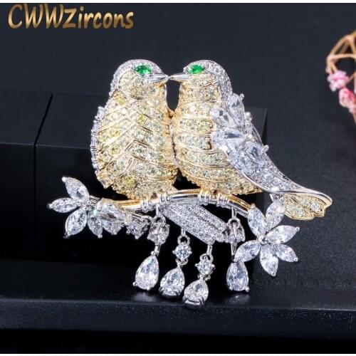 CWWZircons Elegant Cubic Zirconia Gold and Silver Color Lucky Cute Bird Wire Brooches Pin for Women Jewelry Accessory BH007