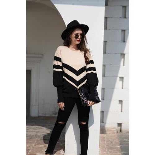 H80&S90 New Autumn Winter Wonen Sweater Fashion Striped O-Neck Shirt Patchwork Loose Long Sleeve Pullover Sweater Female Tops