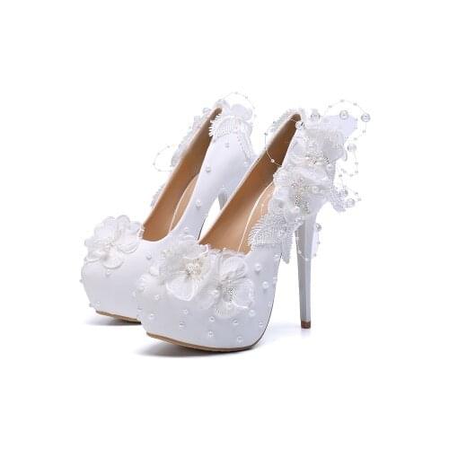 Lace Woman Pumps Shoes Wedding Shoes Platform Pearl White Sexy Stiletto High Heels 14CM Female Shoes Pumps Princess Dress Shoes