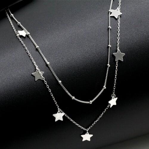 New Style 925 Sterling Silver Multiple Shiny Star Pendant With Double Chain Design Necklace for Girls and Ladies Fashion Jewelry