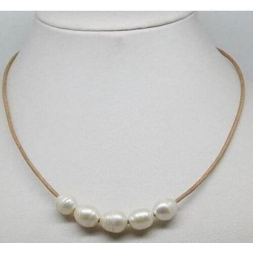 Fashion jewelry Natural 10-11mm Big White Cultural Pearl Necklace Leather Chain Growing String