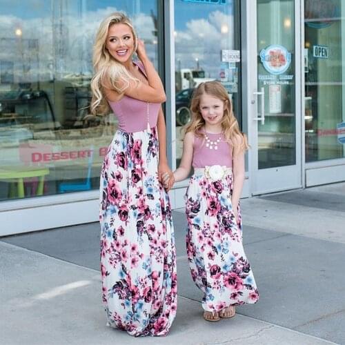 Mother Daughter Dresses Outfits Sleeves Long Dress Solid Floral Patchwork Mom and Kids Same Clothes Matching Family Skirt Girls