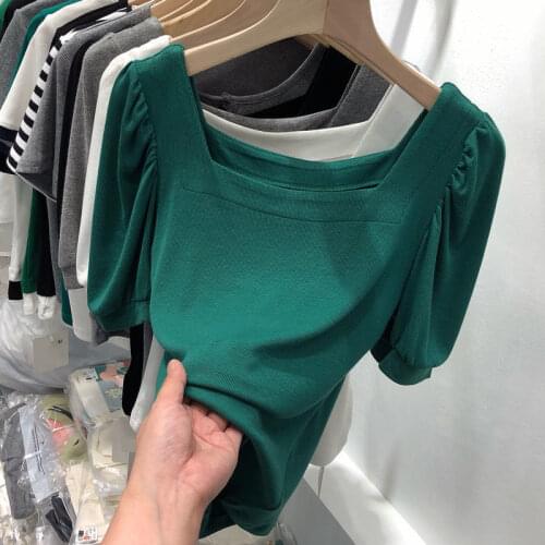 Square Collar Solid Women T-Shirts Summer New 2021 Slim Puff Sleeved Elegant Female Pulls Tops Tees