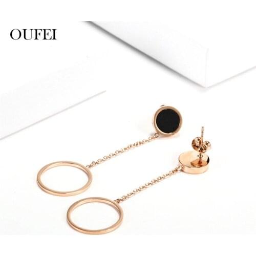 OUFEI Rose Gold Dangling Earrings For Women Stainless Steel Jewelry Woman Black Shell Long Drop Earrings Jewelry Accessories