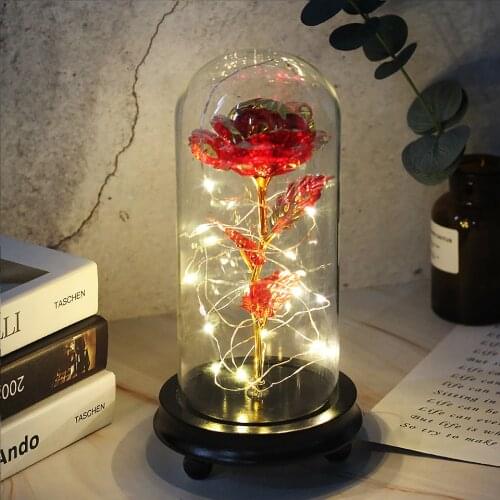 Valentine Day Gift Enchanted Beauty and The Beast Rose Flower LED Light Galaxy Rose Artificial Flowers In Glass Dome Christmas