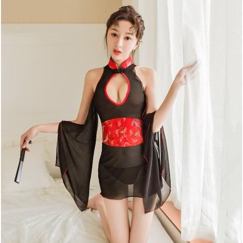 Sexy Lady Underwear Japanese Kimono Mesh Kimono Hollow Out Bathrobe Nightgown Nightdress Perspective Pajamas Set Lingerie Robe