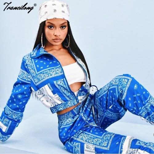 Loose Bule Two Piece Outfits Women Printing Sweatshirt Conjunto Deportivo Mujer Zipper Streetwear Trackuits Full Sleeve Clothes