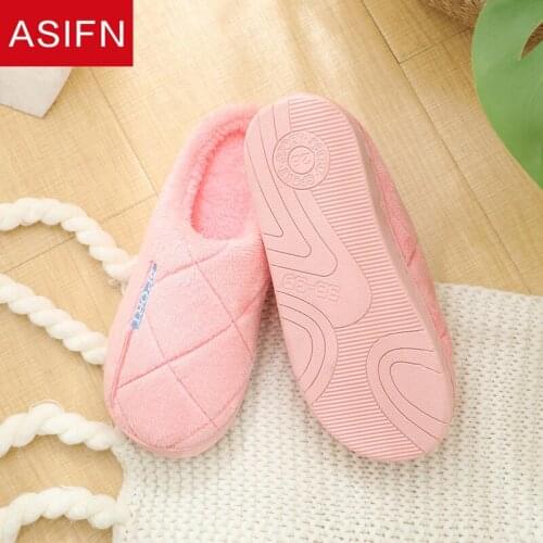 ASIFN Women Winter Plush Slippers Men Sports Letters Home Indoor Soft Bottom Non-slip Couples Female Warm House Fur Slippers