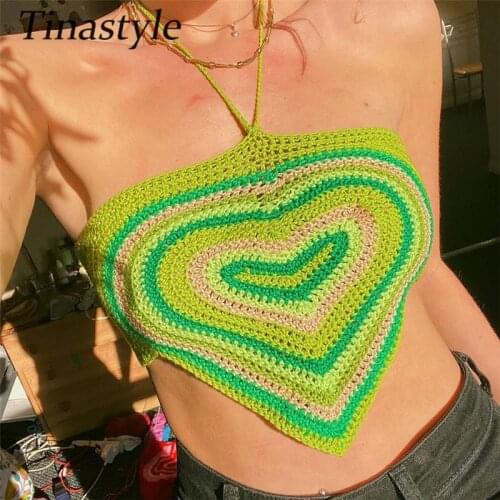 Tinastyle Fashion Knitted Sexy Crop Top Women Bustiers Halter Backless Bandage Short Summer Vest Y2K Corset Tank Top Partywear