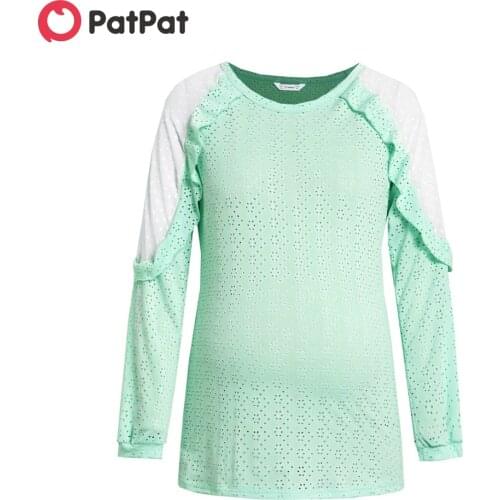 PatPat Maternity Casual Splice Ruffle Decor Round Neck Long-sleeve T-shirt