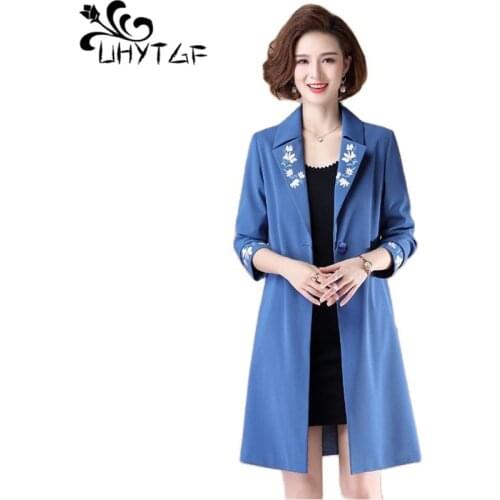 UHYTGF Womens Spring Autumn Coat Fashion Lapel Casual Mother Thin 5XL Plus Size Trench Outerwear Long Windbreaker Female 1768