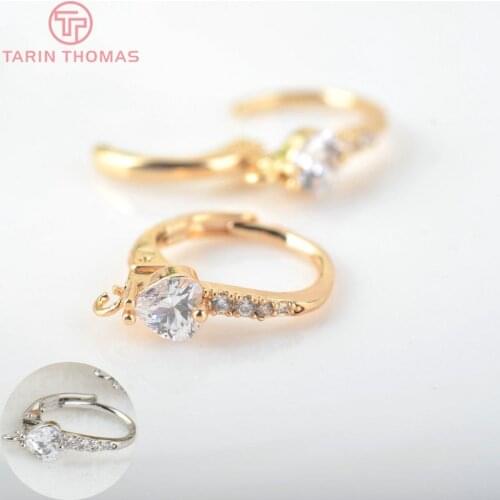 4PCS 15MM 24k Gold Color Brass With White Zircon Heart Shape Earrings Hooks High Quality Diy Accessories Jewelry Findings