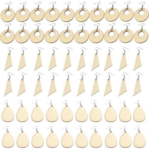 60Pcs Unfinished Wood Teardrop Triangle Circle Wood Earring Blanks Pendants with Hooks Jump Rings for Jewelry DIY Making Kit
