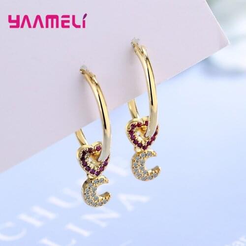 925 Sterling Silver Gold Statement Crystal Earrings For Women Girls Party Moon Heart Design 2020 Trend Fashion Jewelry Wholesale