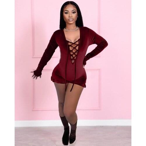 Sexy Deep V Neck Cross Lace Up Velvet Romper Playsuit Casual Ruffles Long Sleeve Biker Shorts Body Jumpsuit Overalls Club Outfit